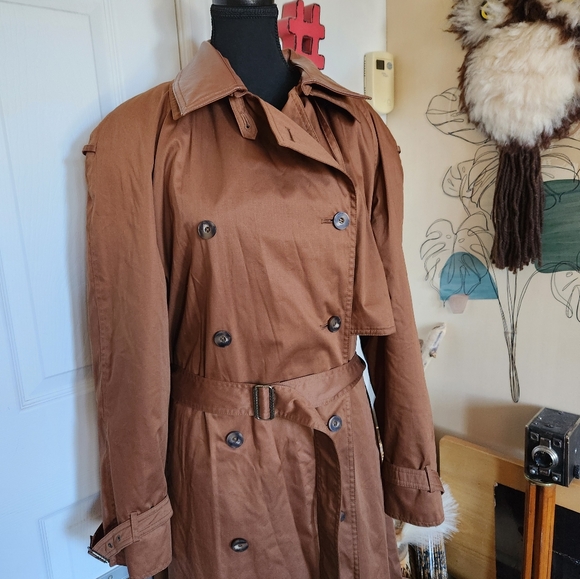 Vintage 80s 90s double breasted dark brown trench coat with leather - Picture 7 of 8